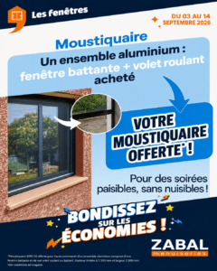 Offre Zabal présentant une moustiquaire KISS 50 offerte pour l’achat d’un ensemble aluminium avec fenêtre et volet, du 3 au 14 septembre 2026.