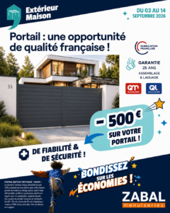 Portail aluminium motorisé IRIGNY devant une maison contemporaine, avec une remise de 500 € du 3 au 14 septembre 2026 chez Zabal.