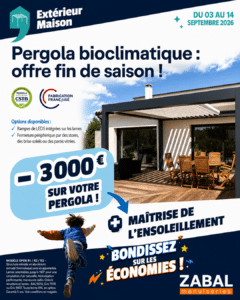 Pergola bioclimatique en aluminium installée sur une terrasse, avec une remise de 3 000 € du 3 au 14 septembre 2026 chez Zabal.