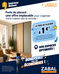 Placards aluminium sur mesure dans un intérieur contemporain, avec la pose à 1 € pour l’achat de quatre placards du 3 au 14 septembre 2026.