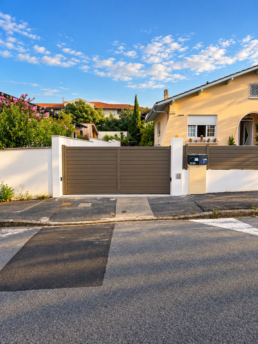 Portail coulissant aluminium Litenn gris 7006 et départ de clôture assortie à Bayonne